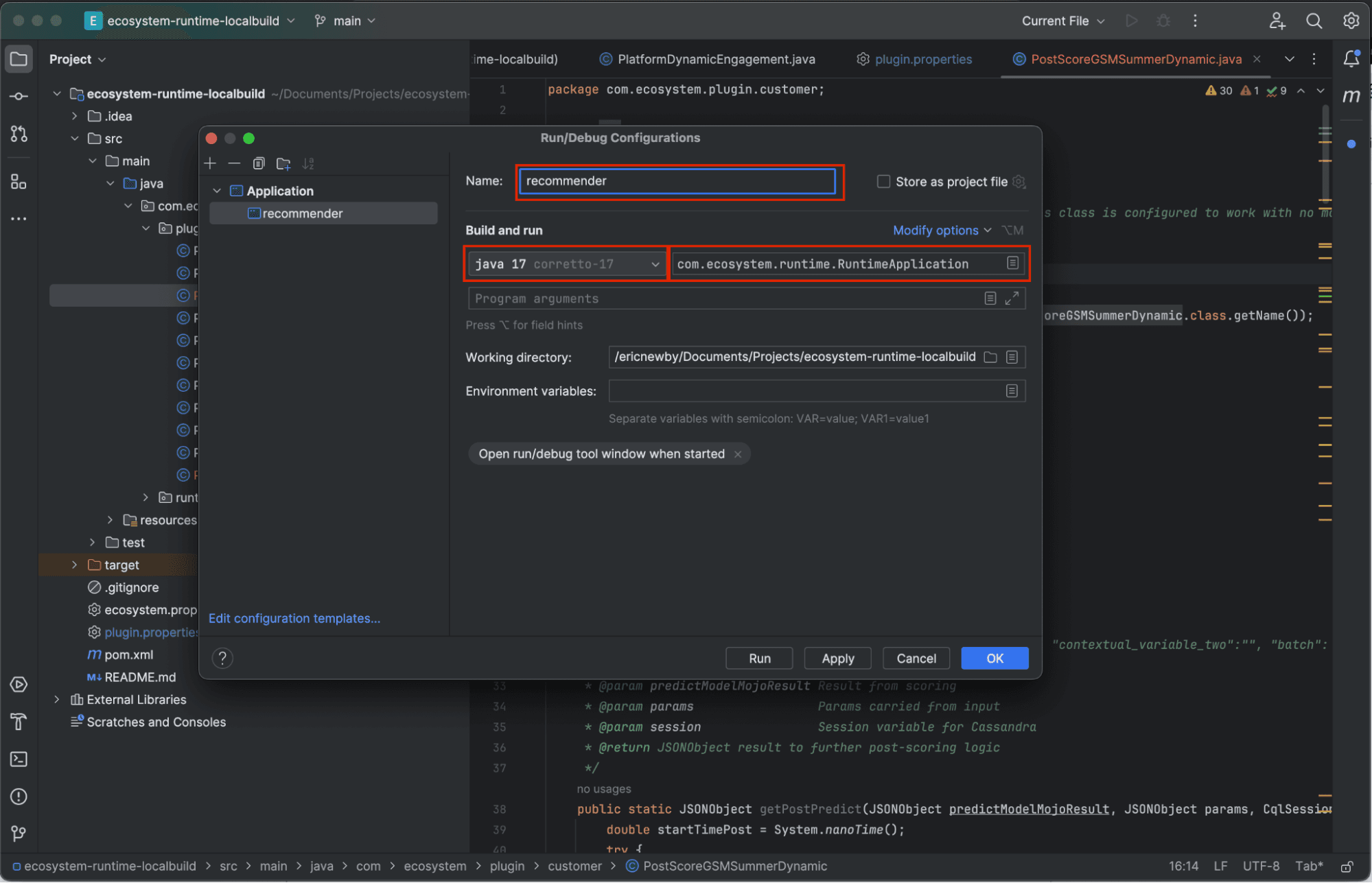 Run configuration settings
