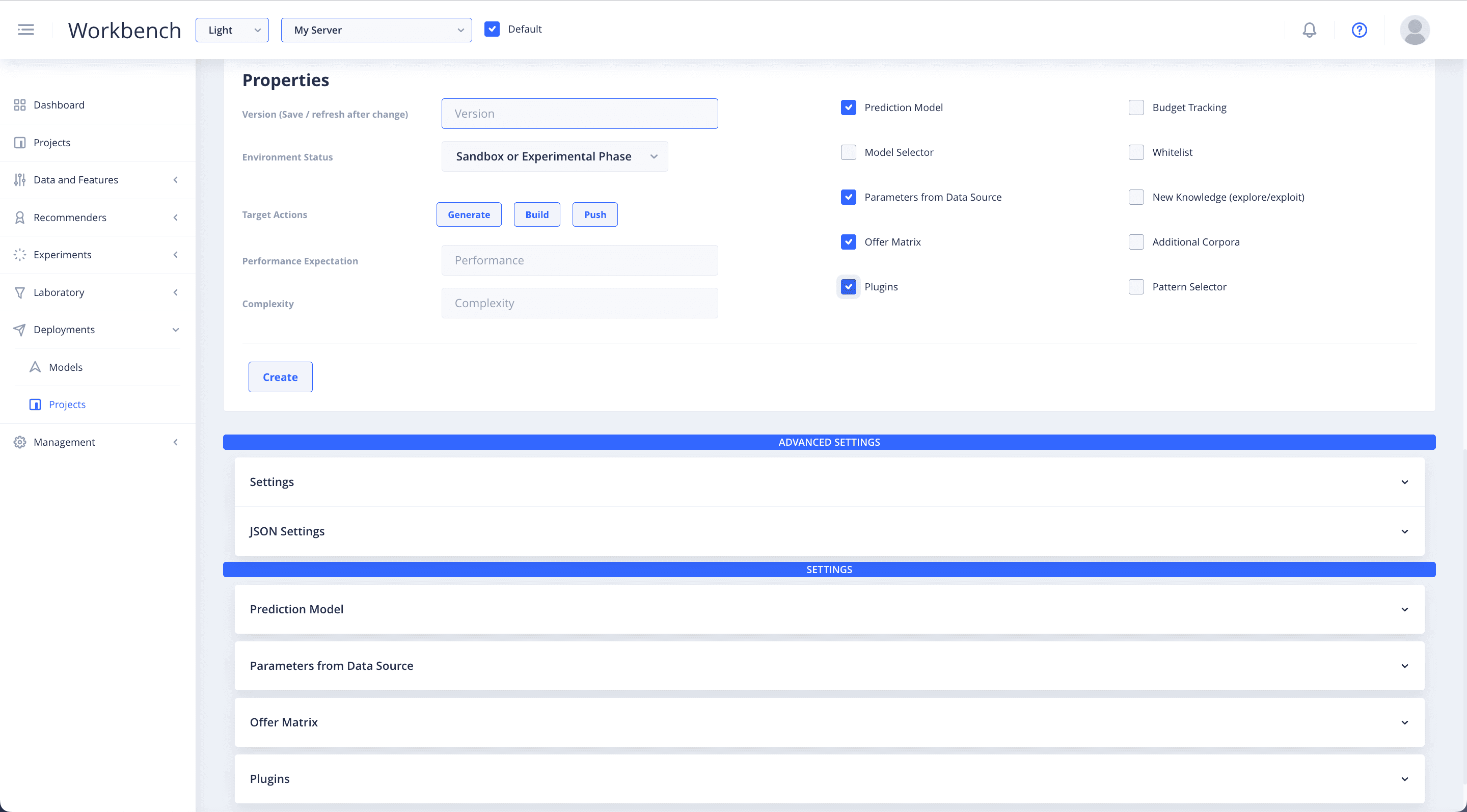 Deployment settings dropdowns