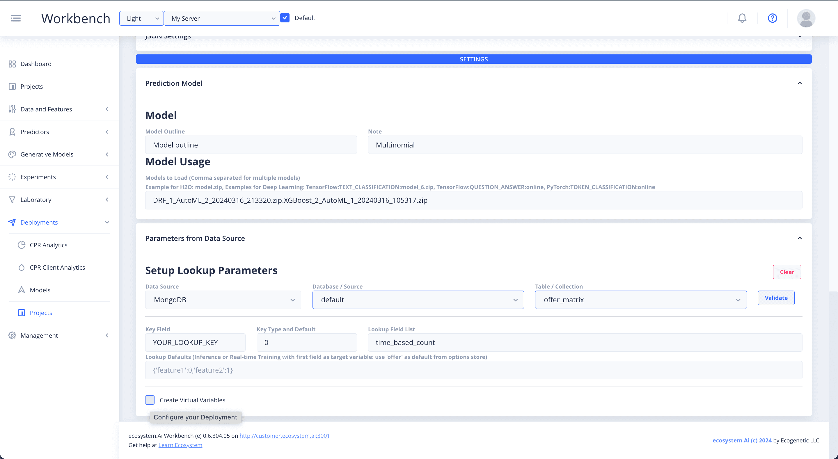 Parameters from data source