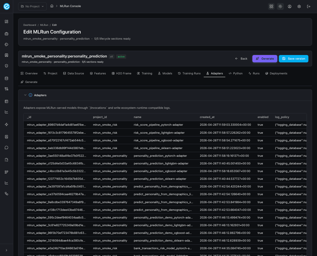 MLRun console — Adapters tab