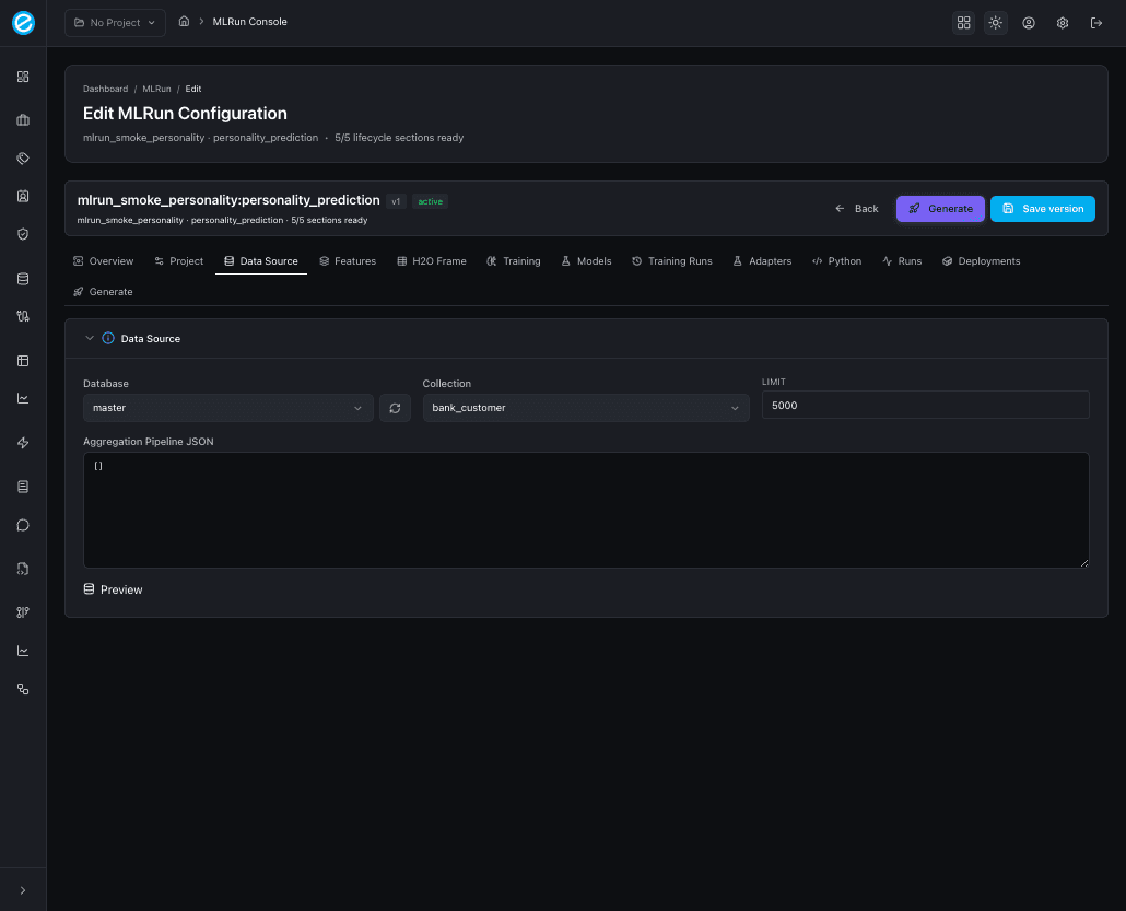 MLRun console — Data Source tab