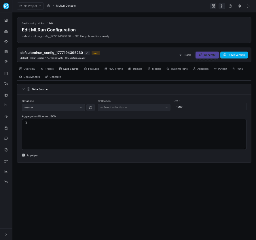 MLRun console — generated feature pipeline
