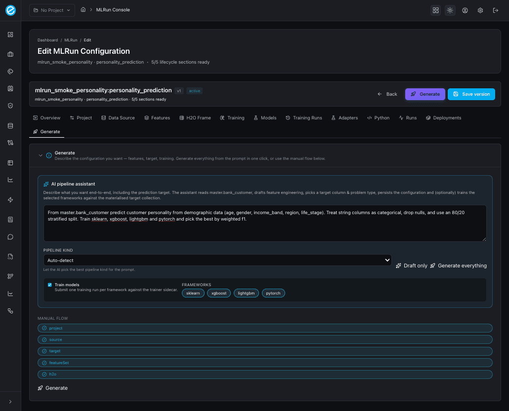 MLRun console — Generate tab (AI pipeline assistant)