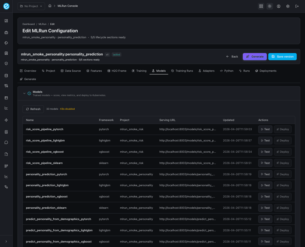 MLRun console — Models tab