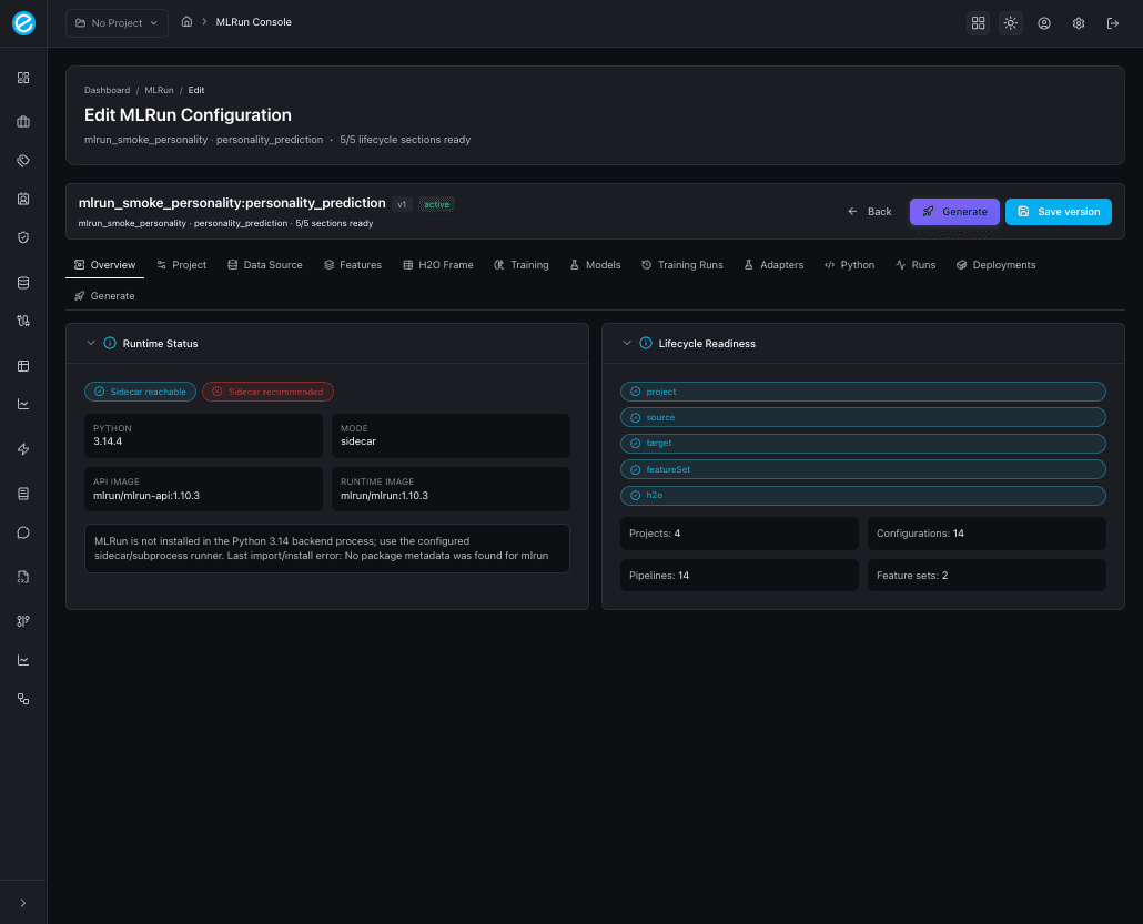 MLRun console — Overview tab
