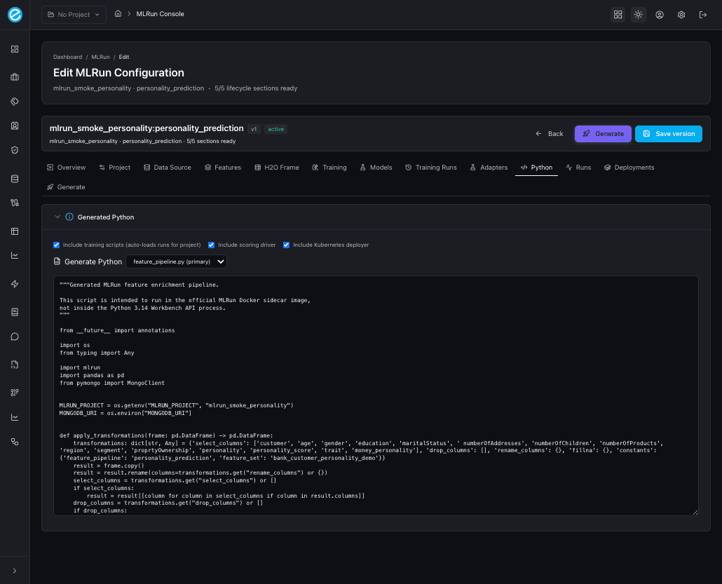 MLRun console — Python tab