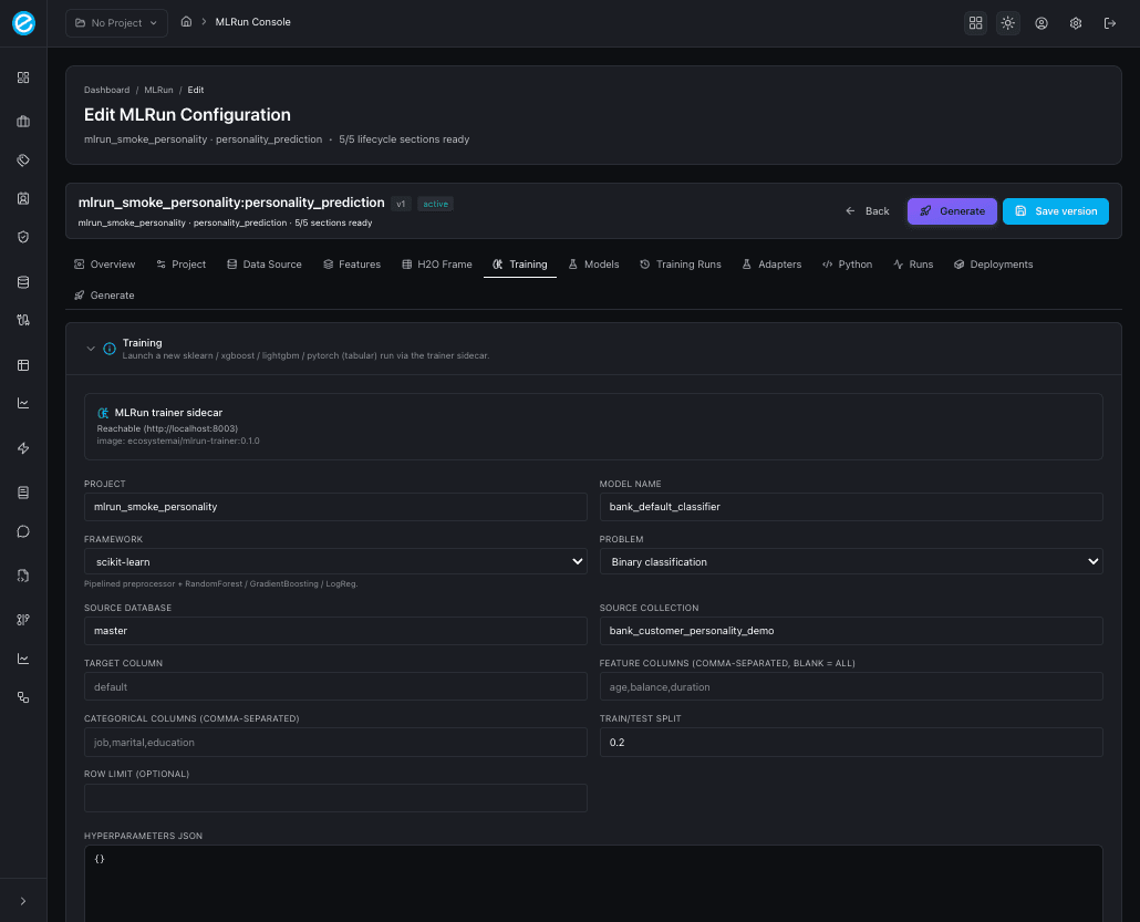 MLRun console — Training tab