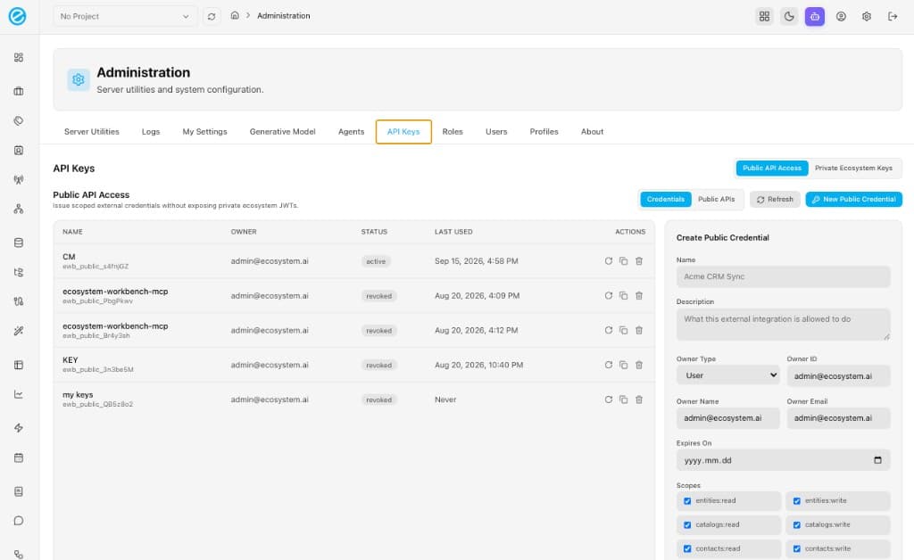 Administration → API Keys — Public API Access vs Private Ecosystem Keys