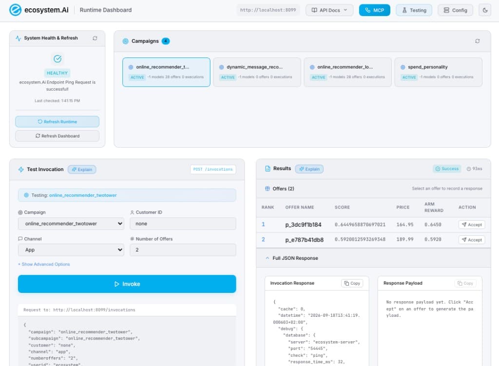 Runtime Dashboard — campaigns, invoke, and ranked offers