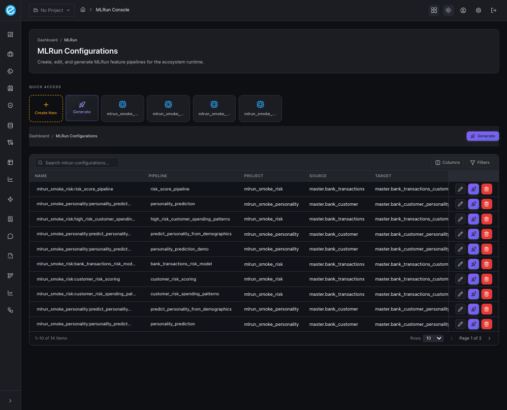 MLRun console — configurations list