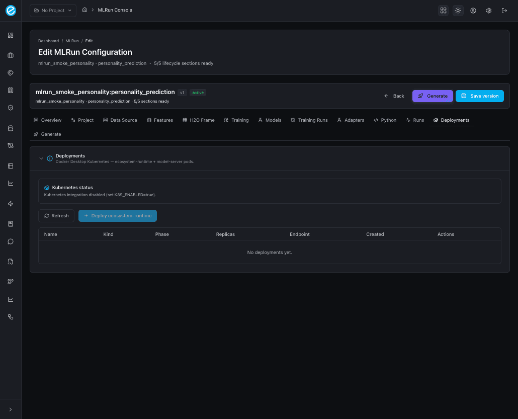 MLRun console — Deployments tab