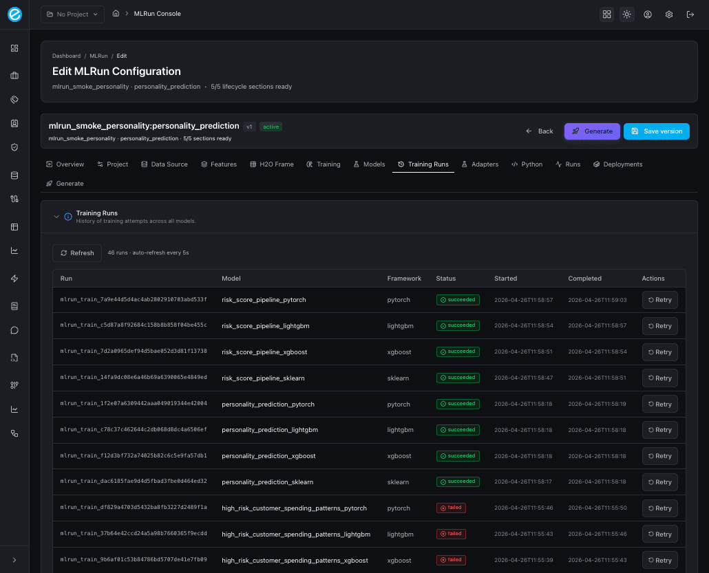 MLRun console — training runs